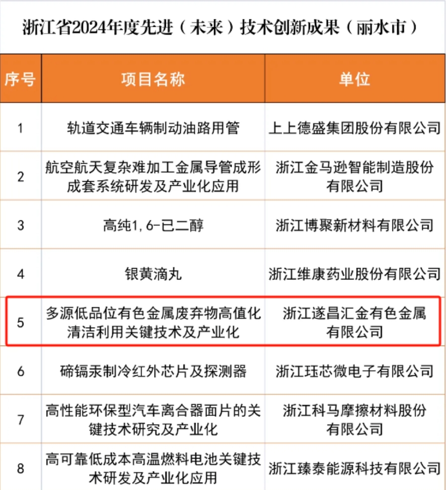 遂昌汇金成功入选浙江省2024年度先进（未来）技术创新成就”名单
